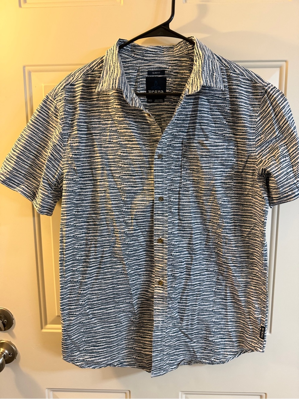 prAna Slim Fit Short Sleeve Button Up Shirt Blue White Medium